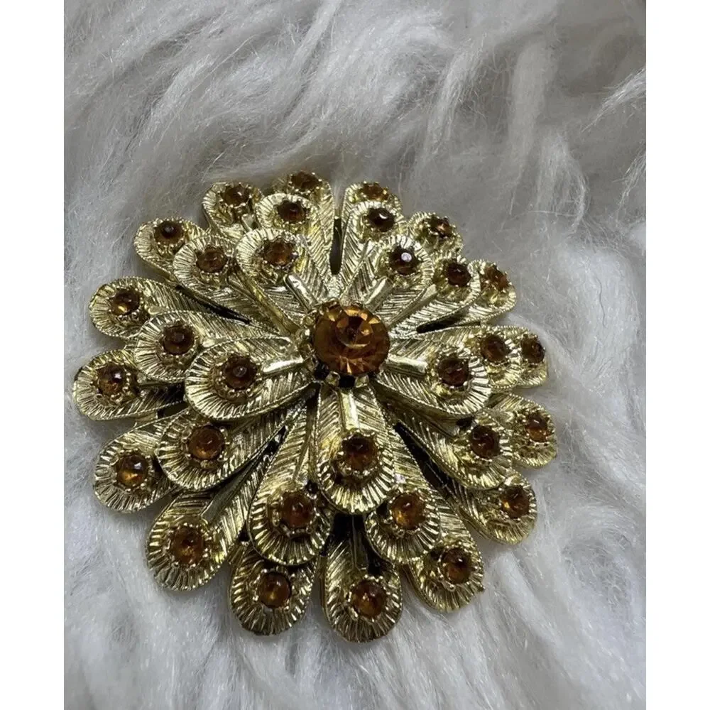 Vintage Gold Tone Starburst Brooch | Amber Rhinestone Floral Statement Pin